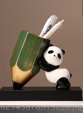 高档中国风熊猫文节创笔筒办老公室桌面摆件送师书轻奢高档教房师