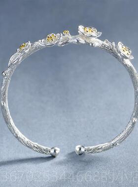 正品质中国风银设计简约清S925纯枝新干樱花气手镯女开口手环文艺