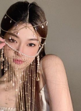 汉服古风流苏面纱发夹式遮脸头饰