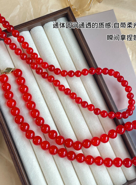 樱桃红玛瑙圆珠项链通透显白