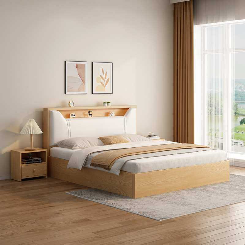 原木色板木结合箱体床宾馆双人1.8米大床加密床板软包靠背实木床,淘宝优惠券,粉丝福利购,淘宝优惠卷