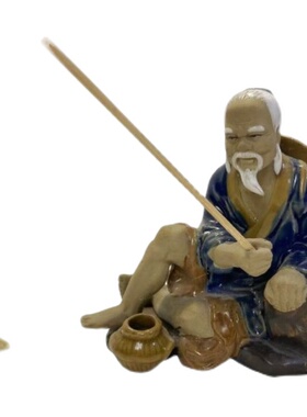 姜太公钓鱼陶瓷摆件假山盆景园林茶盘 怀旧 复古代人物装饰品中式
