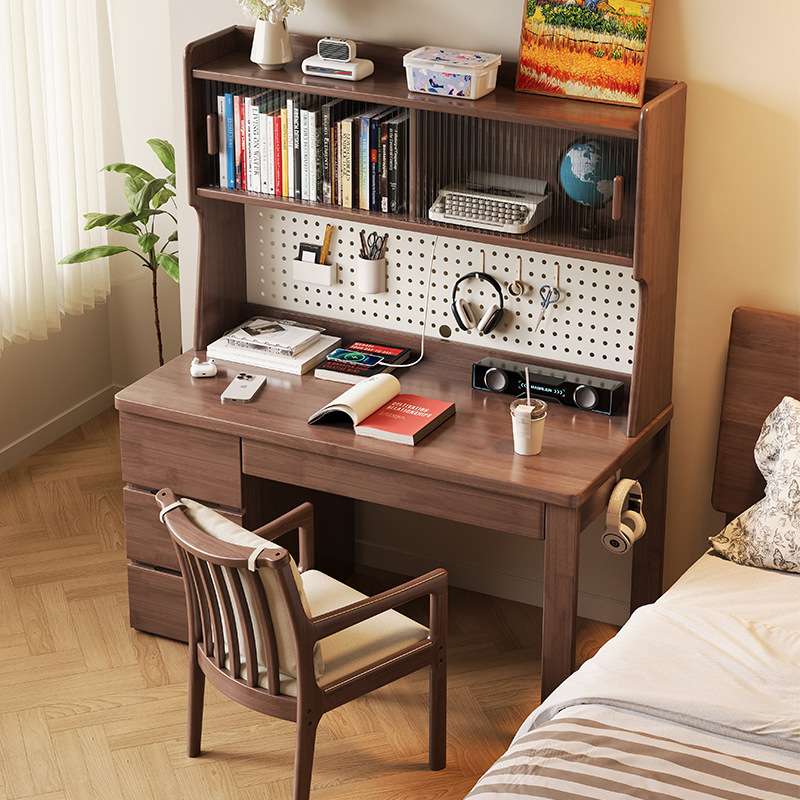 Nordic solid wood desk bookshelf bookcase integrated home small apartment bedroom multi-functional hole board student computer desk