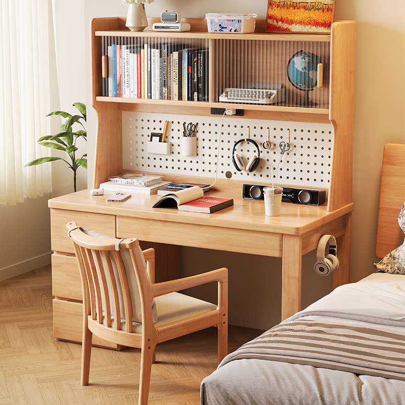 Nordic solid wood desk bookshelf bookcase integrated home small apartment bedroom multi-functional hole board student computer desk