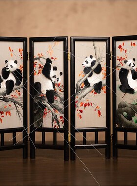 苏绣摆件中式客厅桌面装双屏风手工刺绣饰面绣四条屏国艺工风礼品