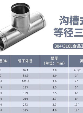 304不锈钢沟槽式等径三通接头水管管件316薄壁水管消防正三通接头