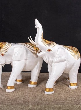 大象摆饰一对实木白色泰国工艺礼品摆饰招财吸水木雕东南亚风格装