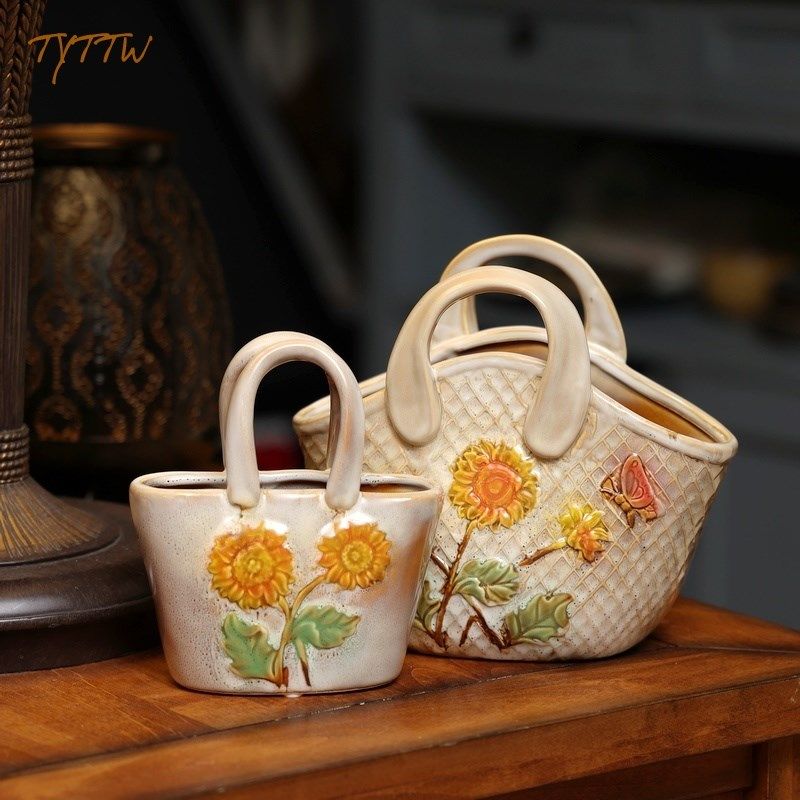 太阳花向日葵花手提陶瓷花篮花盆创意个性小清新复古田园装饰摆件,淘宝优惠券,粉丝福利购,淘宝优惠卷