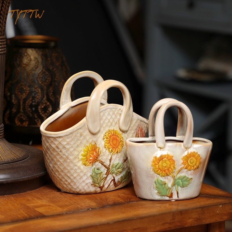 太阳花向日葵花手提陶瓷花篮花盆创意个性小清新复古田园装饰摆件,淘宝优惠券,粉丝福利购,淘宝优惠卷