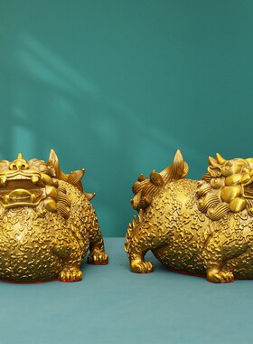 富贵貔貅黄铜摆件一对开过皮丘化纳财光的镇辟宅邪煞家居客厅店铺