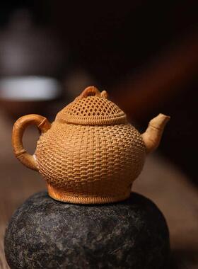 崖柏木雕螃蟹渔篓茶壶手把件茶宠八方来财家居桌面装饰摆件把把壶