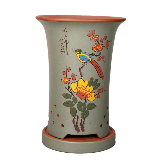 Purple sand orchid flower pot ceramic household high-end breathable round succulent old pile sling tray large diameter orchid pot
