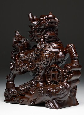 黑檀木雕麒麟摆件一对实木家用卧室客厅门口店铺办公室开业送礼品