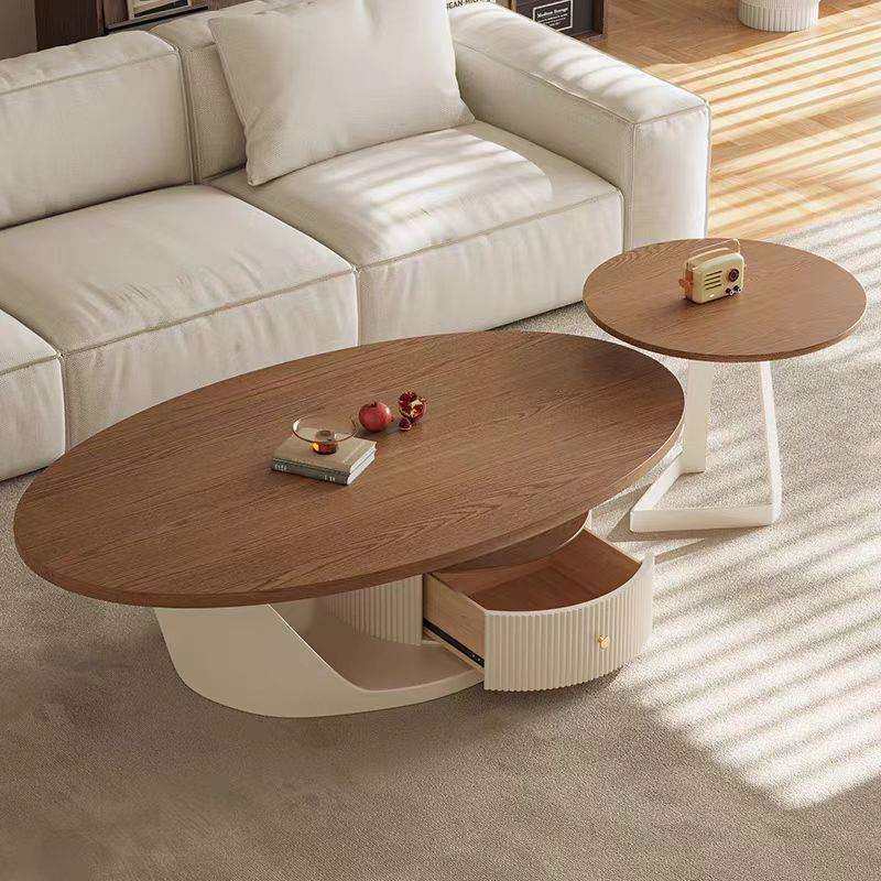 椭圆形轻奢实木层板岩板茶几组合中古风新款家用客厅小户型奶油风,淘宝优惠券,粉丝福利购,淘宝优惠卷