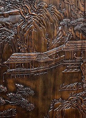 东阳木雕挂件山水中式玄关竖屏实木装饰画工艺品客厅浮雕复古壁挂