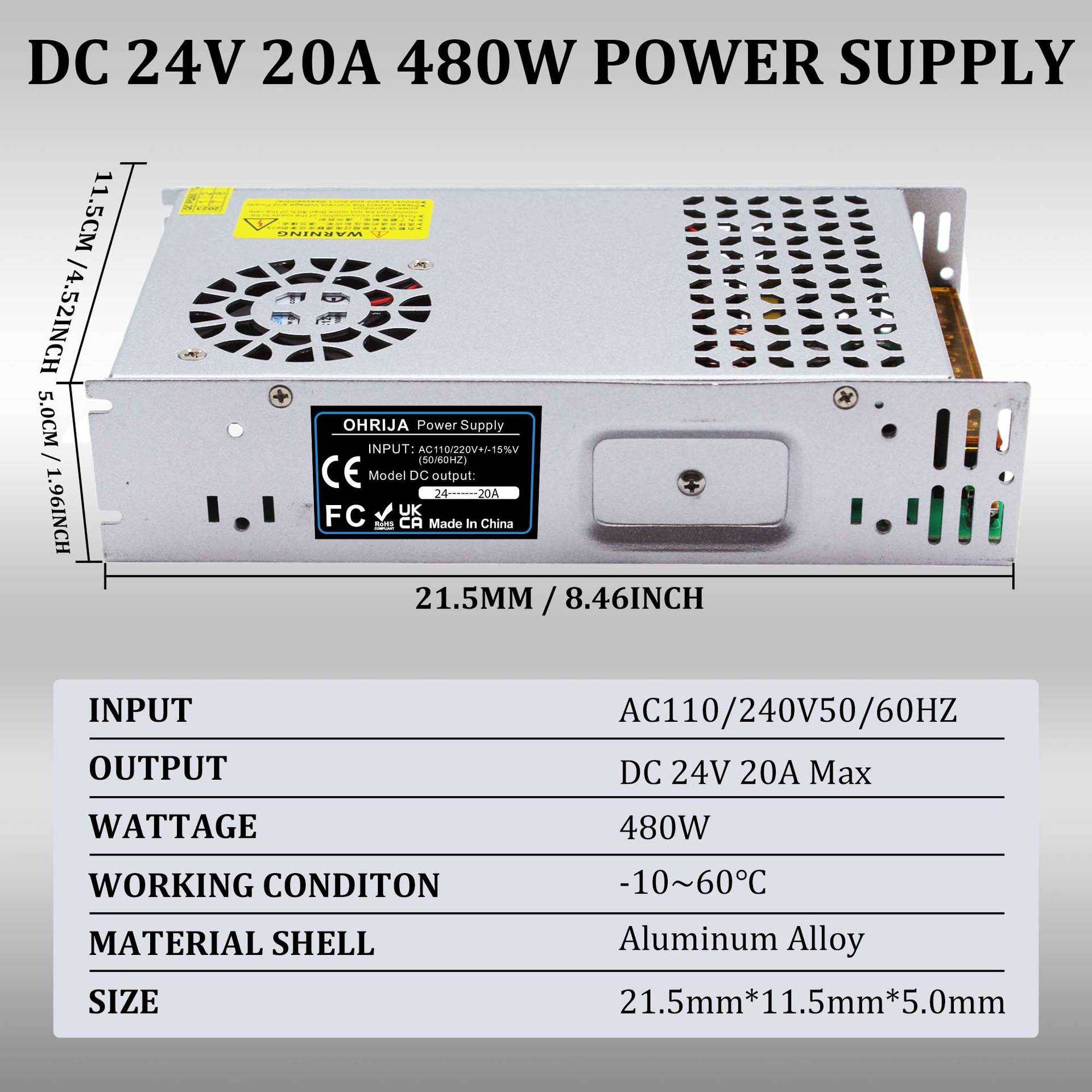 AC220V to DC24V20A switching power supply 480W LED light monitoring security access control DC power supply regulator