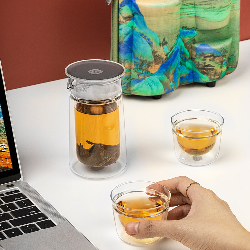Zhepin travel tea set double-layer glass kung fu one pot two cups home tea cup teapot moon shadow portable bag