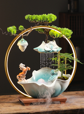 创意荷叶假山流水摆件循环水招财陶瓷新中式家居客厅W装饰开业礼