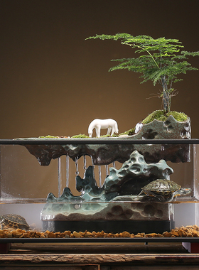 新中式创意乌龟缸鱼缸饲养箱带晒台流G水陶瓷假山喷泉摆件家用送