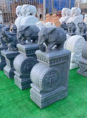青石门墩抱鼓石石雕貔貅麒麟小象一对老宅门口仿古做旧石鼓摆件