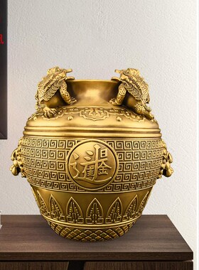 铜聚宝盆摆件四方财缸家用存钱罐日进斗金坛子客厅办公室店铺大号