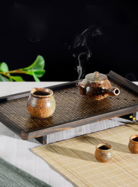 东南亚实木竹编茶盘客厅茶杯托盘家用长方形水果盘酒店会所商用盘