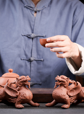 陶瓷茶宠茶玩手工紫砂招财貔貅摆件一对家居客厅店铺开业乔迁礼品