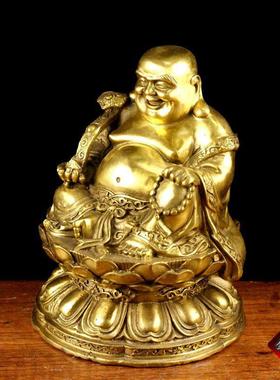 纯黄铜坐莲弥勒小中号 莲花座笑佛高25公分11cm米勒佛铜像