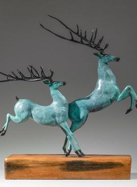 铜金岁月超越双鹿黄铜鹿摆件奔跑小鹿彩铜工艺品摆件家居玄关装饰