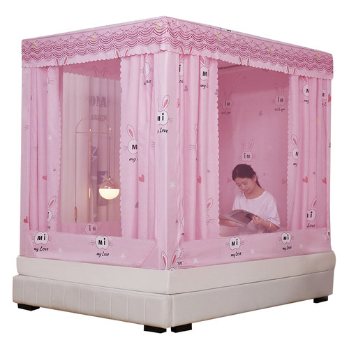 新款家用坐式蚊帐1.2米防尘布顶三开U门1.5m遮光帘布带支架1.8米 - 图3