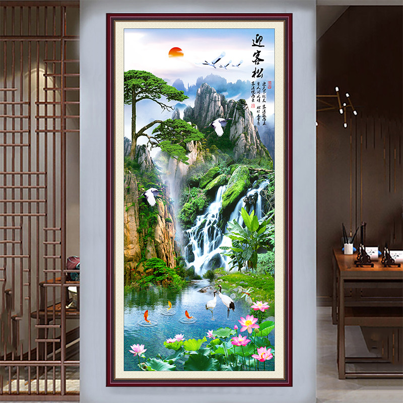 迎客松墙壁贴画纸中式高山流水竖版风景自粘入户道走廊玄关装饰画,淘宝优惠券,粉丝福利购,淘宝优惠卷