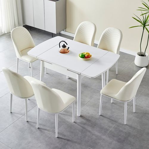 白色奶油风纯白岩板餐桌椅组合现代简约小户型家用折叠实木餐桌子 - 图1