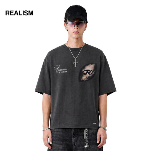 REALISM澳洲潮牌灵魂印花重磅纯棉宽松短袖T恤美式街头涂鸦潮牌 - 图0