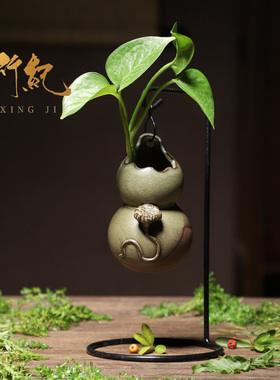 手工复古陶瓷花器挂式铁架摆件插花花瓶培育绿植装饰家居架子花盆