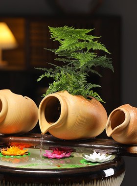 创意瓦罐流水配件循环水横杆中式古法鱼缸配件陶瓷上水器摆件装饰