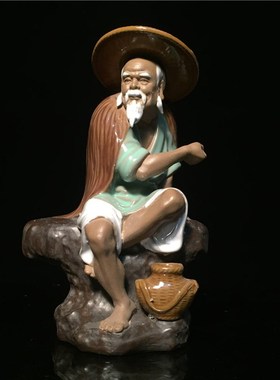 石湾公仔陶瓷摆件创意工艺品假山盘景鱼缸姜太公钓鱼摆件礼品渔翁