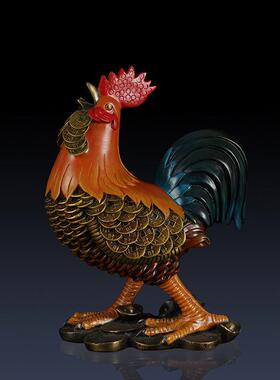 纯黄铜金钱鸡摆件创意彩绘中式铜鸡生肖鸡家居办公室装饰工艺礼品