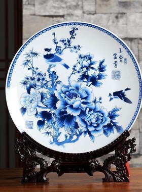 新款镇八骏马图陶瓷坐盘摆盘电视背景墙装饰摆件青花瓷家饰