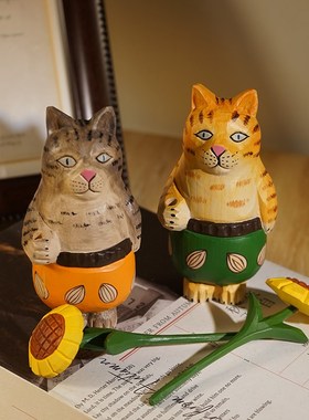 举向日葵猫咪手工木雕小摆件实木雕刻可爱卡通电视柜桌面摆放装饰