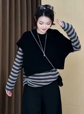 2026春秋季新款女士减龄圆领针织披肩上衣设计感气质叠穿黑色罩衫