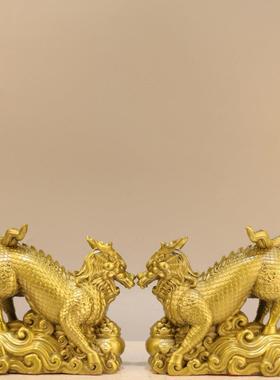 杨铜记 聚宝盆麒麟摆件瑞兽玄关开业礼品黄铜麒麟