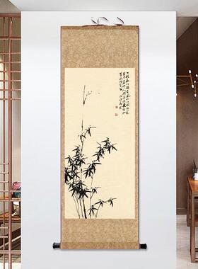 清代郑板桥竹石图竹报平安玄关名家水墨国画茶室书房中式卷轴挂画