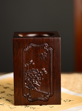 黑檀木雕梅兰竹菊笔筒工艺品办公室书桌家居客厅木质笔筒摆件送礼