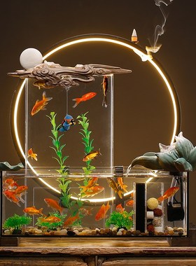 创意客厅桌面装饰品流水招财v摆件简约现代生态玻璃鱼缸造景免换