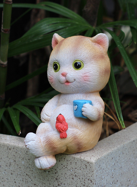 可爱小猫喝咖啡桌边装饰阳台庭院花盆坐姿摆件吊脚电视柜布景摆设