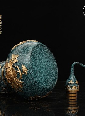 富贵牡丹葫芦彩铜彩绘摆件黄铜工艺品家居客厅桌面铜装饰开业送礼