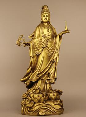 古玩铜器收藏 黄铜站莲踏浪西方三圣摆件 家居装饰创意礼品工艺品