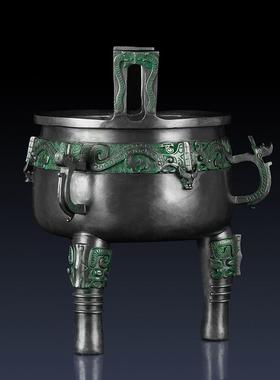 纯黄铜五耳龙纹鼎摆件青铜鼎装饰办公室招财铜鼎礼品青铜器工艺品