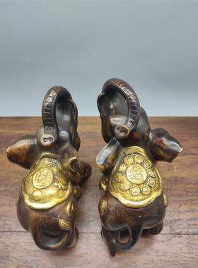 黄铜大象摆件一对铜母子大象吸水象紫铜色元宝葫芦象家居装饰摆件