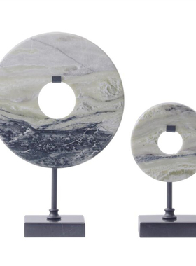 新中式样板房摆件家居客厅软装饰品大理石金属玉石平安扣玉扣摆设